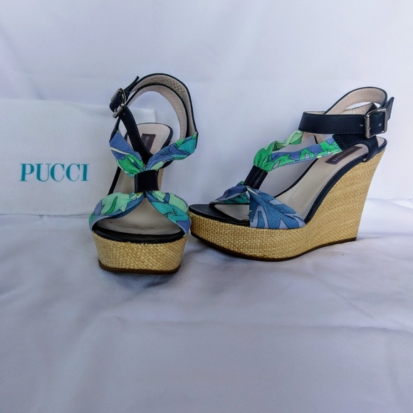Emilio Pucci Shoes - Emilio Pucci Printed Canvas and Leather Wedge